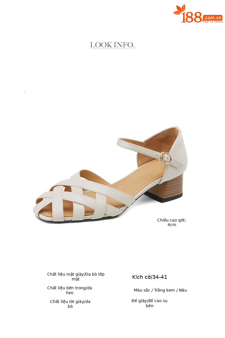 Sandal nữ bít mũi quai ngang da bò thật gót vuông ổn định phong cách La Mã — Màu nâu chi tiết 4