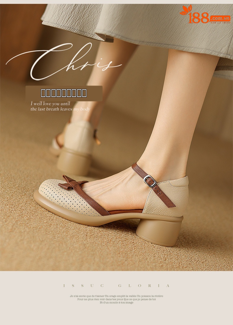 Sandal nữ bít mũi đục lỗ da cừu, quai ngang thắt nơ, gót vuông đế dày — Màu trắng be chi tiết 2