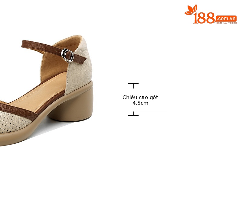 Sandal nữ bít mũi đục lỗ da cừu, quai ngang thắt nơ, gót vuông đế dày — Màu trắng be chi tiết 4