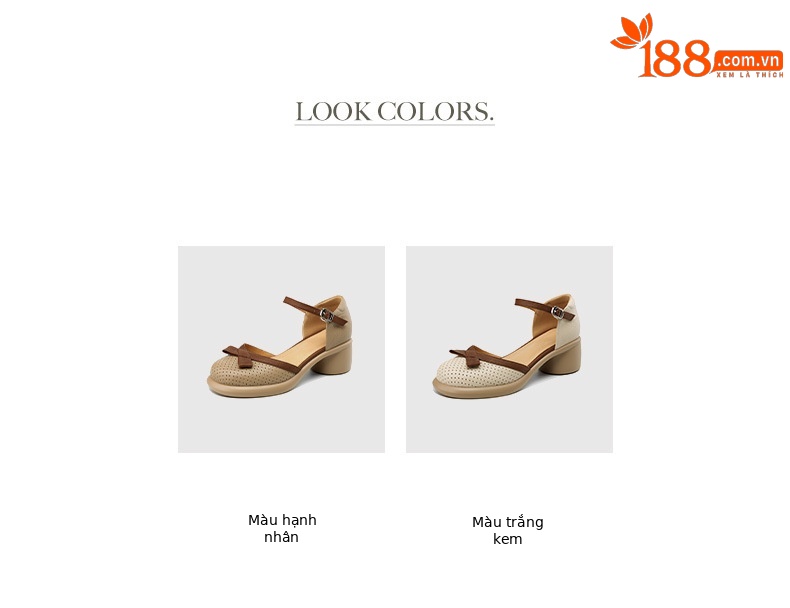 Sandal nữ bít mũi đục lỗ da cừu, quai ngang thắt nơ, gót vuông đế dày — Màu trắng be chi tiết 5