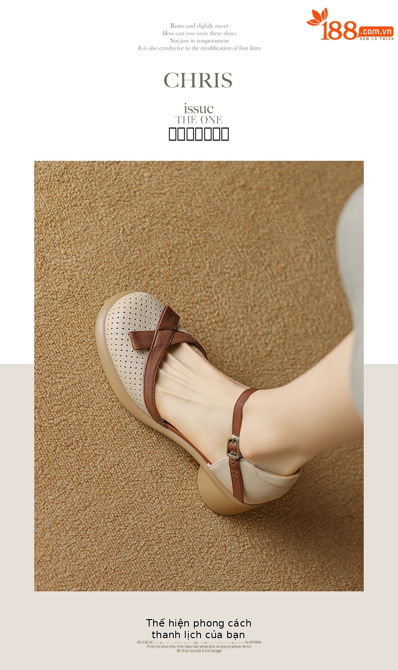 Sandal nữ bít mũi đục lỗ da cừu, quai ngang thắt nơ, gót vuông đế dày — Màu trắng be chi tiết 7