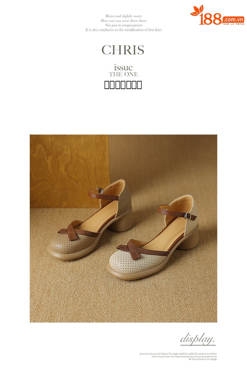 Sandal nữ bít mũi đục lỗ da cừu, quai ngang thắt nơ, gót vuông đế dày — Màu trắng be chi tiết 11