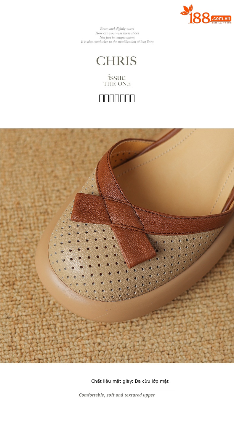 Sandal nữ bít mũi đục lỗ da cừu, quai ngang thắt nơ, gót vuông đế dày — Màu trắng be chi tiết 14