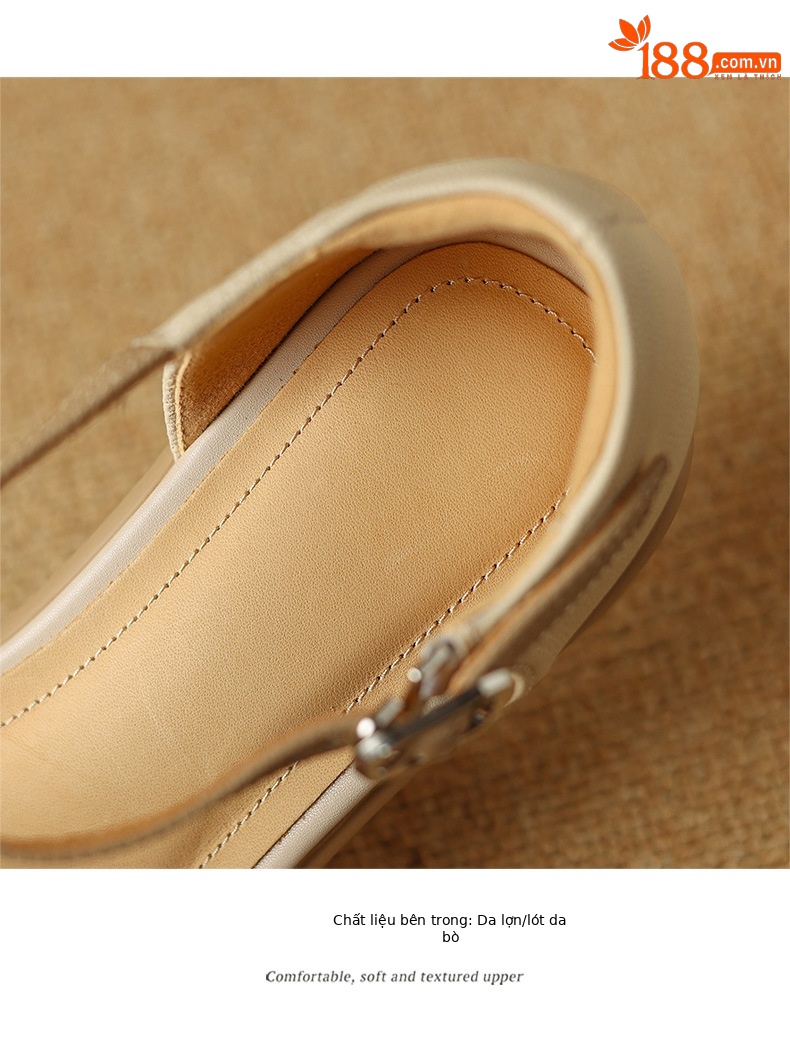 Sandal nữ bít mũi đục lỗ da cừu, quai ngang thắt nơ, gót vuông đế dày — Màu trắng be chi tiết 15