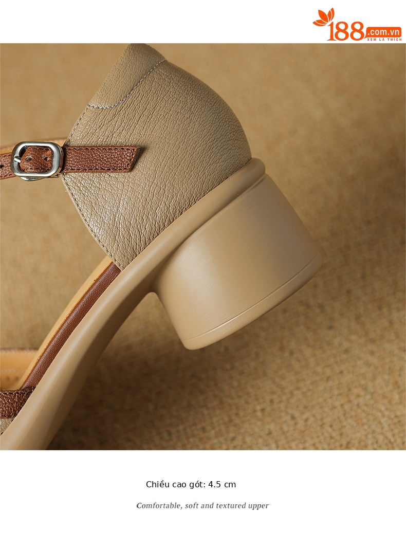Sandal nữ bít mũi đục lỗ da cừu, quai ngang thắt nơ, gót vuông đế dày — Màu trắng be chi tiết 16