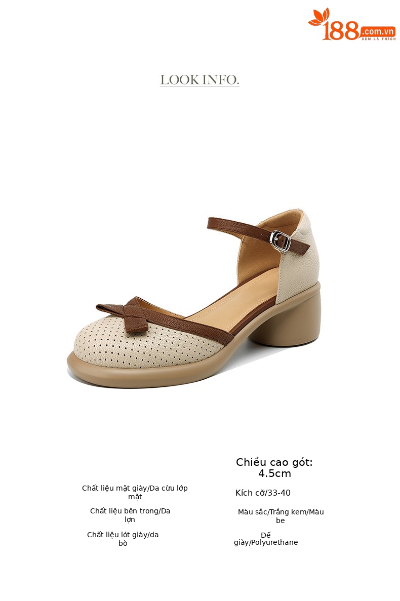 Sandal nữ bít mũi đục lỗ da cừu, quai ngang thắt nơ, gót vuông đế dày — Màu trắng be chi tiết 3