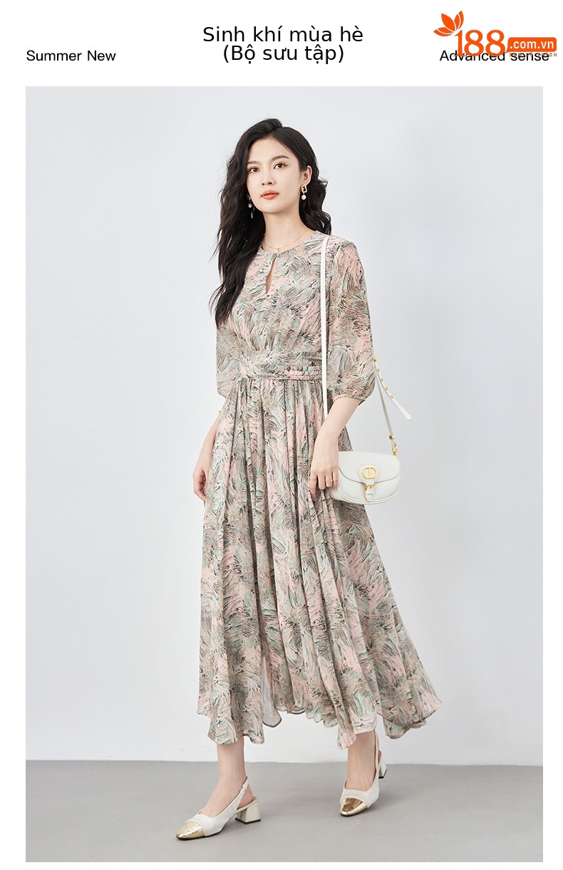Váy maxi nữ thắt eo phong cách Nam Pháp tinh tế — Màu hồng chi tiết 1