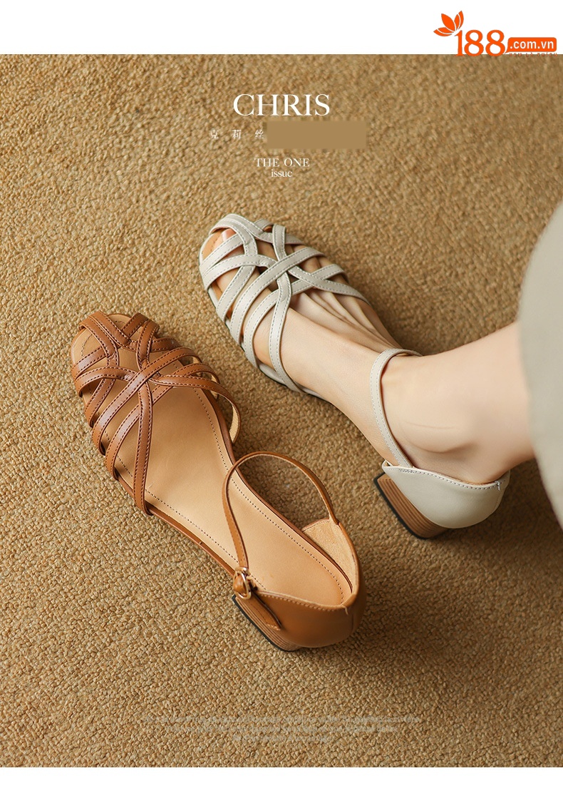 Sandal nữ quai ngang da bò đan, gót trung, phong cách La Mã — Màu nâu chi tiết 1