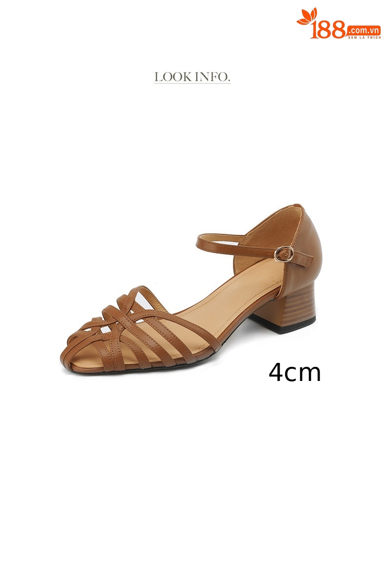 Sandal nữ quai ngang da bò đan, gót trung, phong cách La Mã — Màu nâu chi tiết 3