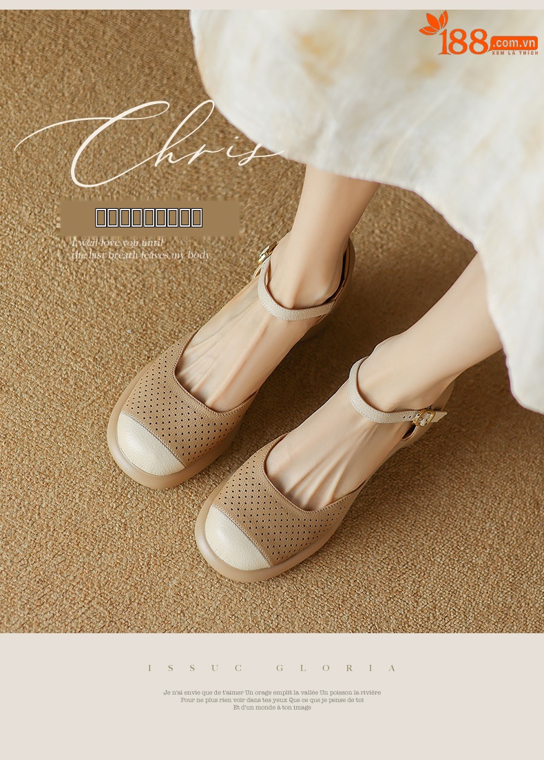 Sandal nữ mũi đục lỗ da cừu đế dày gót thô — Màu trắng be chi tiết 1