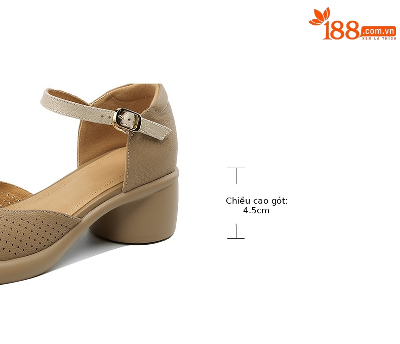 Sandal nữ mũi đục lỗ da cừu đế dày gót thô — Màu trắng be chi tiết 4