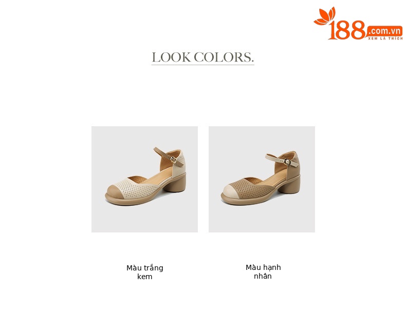 Sandal nữ mũi đục lỗ da cừu đế dày gót thô — Màu trắng be chi tiết 5