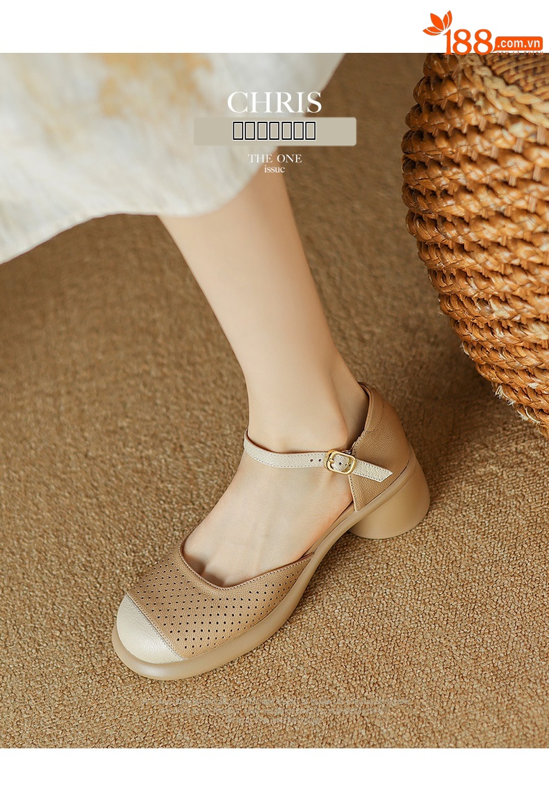 Sandal nữ mũi đục lỗ da cừu đế dày gót thô — Màu trắng be chi tiết 7