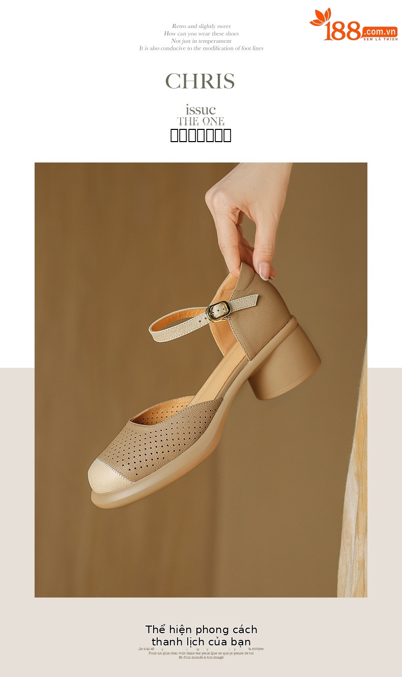 Sandal nữ mũi đục lỗ da cừu đế dày gót thô — Màu trắng be chi tiết 8
