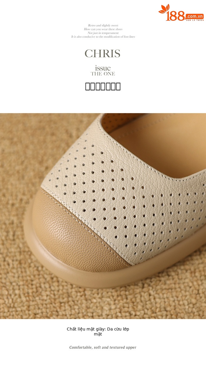Sandal nữ mũi đục lỗ da cừu đế dày gót thô — Màu trắng be chi tiết 12