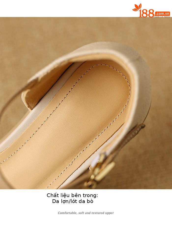 Sandal nữ mũi đục lỗ da cừu đế dày gót thô — Màu trắng be chi tiết 13