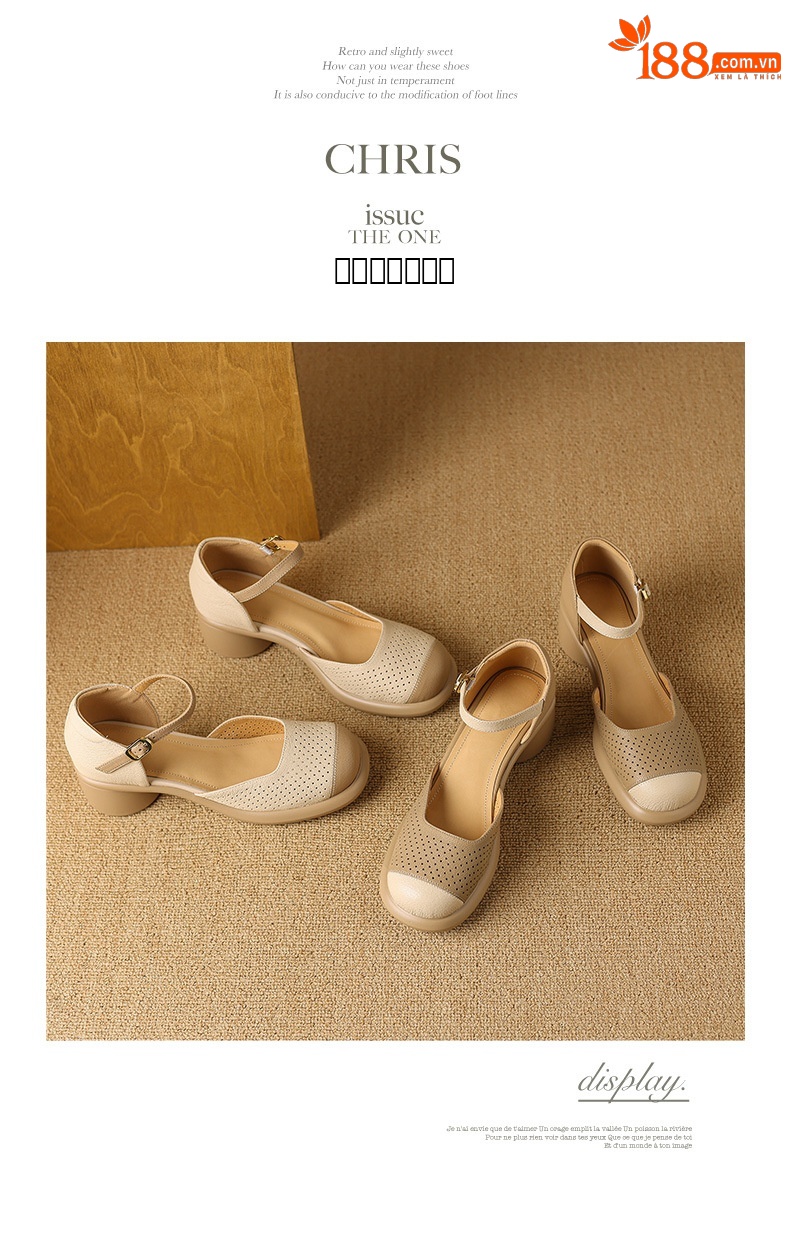 Sandal nữ mũi đục lỗ da cừu đế dày gót thô — Màu trắng be chi tiết 16