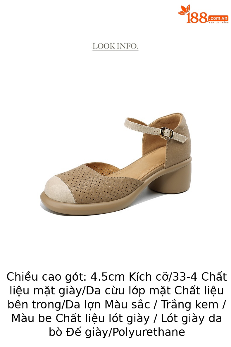 Sandal nữ mũi đục lỗ da cừu đế dày gót thô — Màu trắng be chi tiết 3