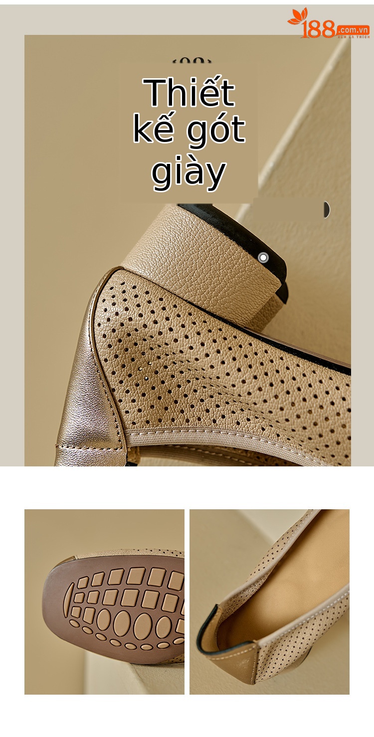 Sandal nữ da cừu miệng nông đục lỗ gót thô thấp phong cách Xiaoxiangfeng — Màu nâu chi tiết 6