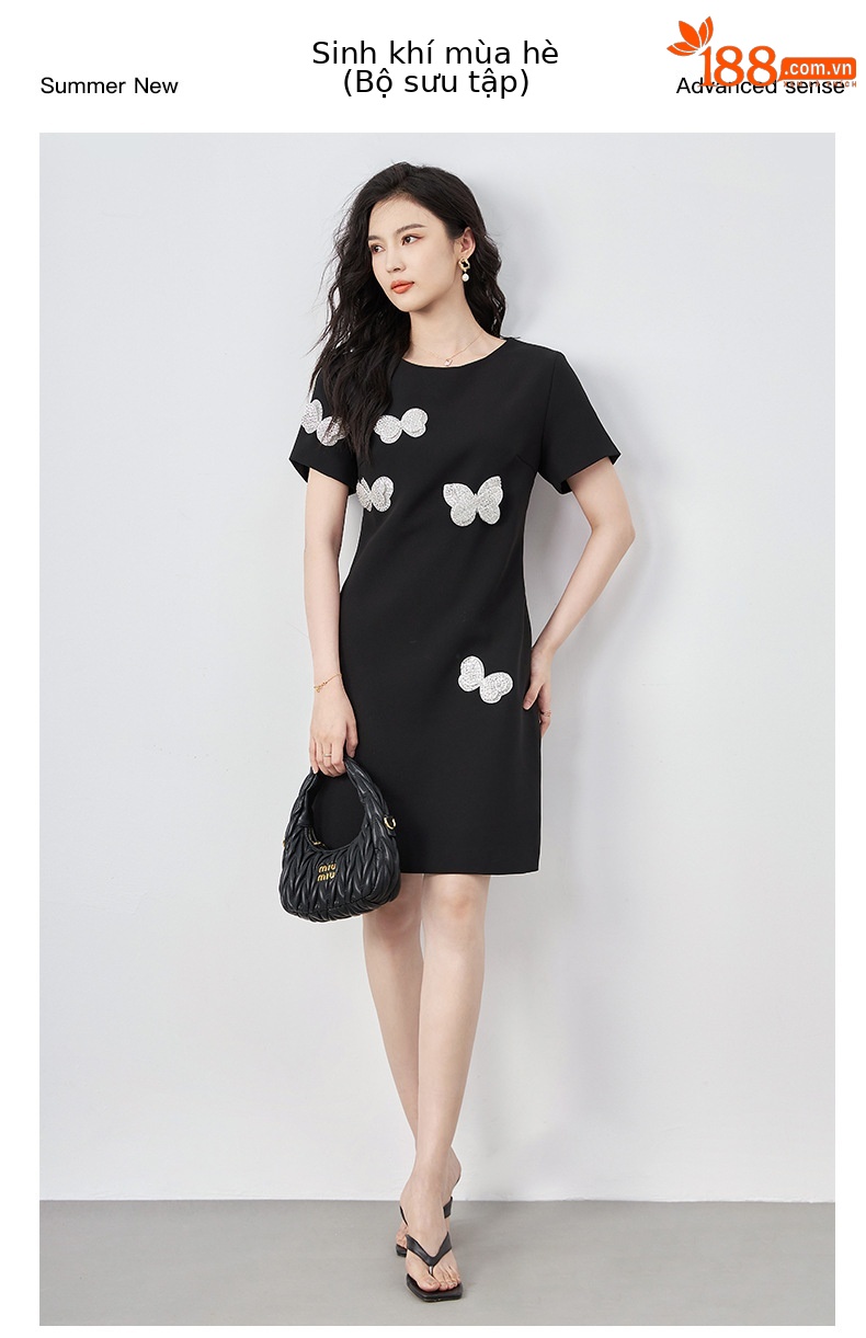 Đầm suông nữ midi tay ngắn cổ tròn, họa tiết hoa nổi sequin lấp lánh, phom suông che khuyết điểm — Màu đen chi tiết 1