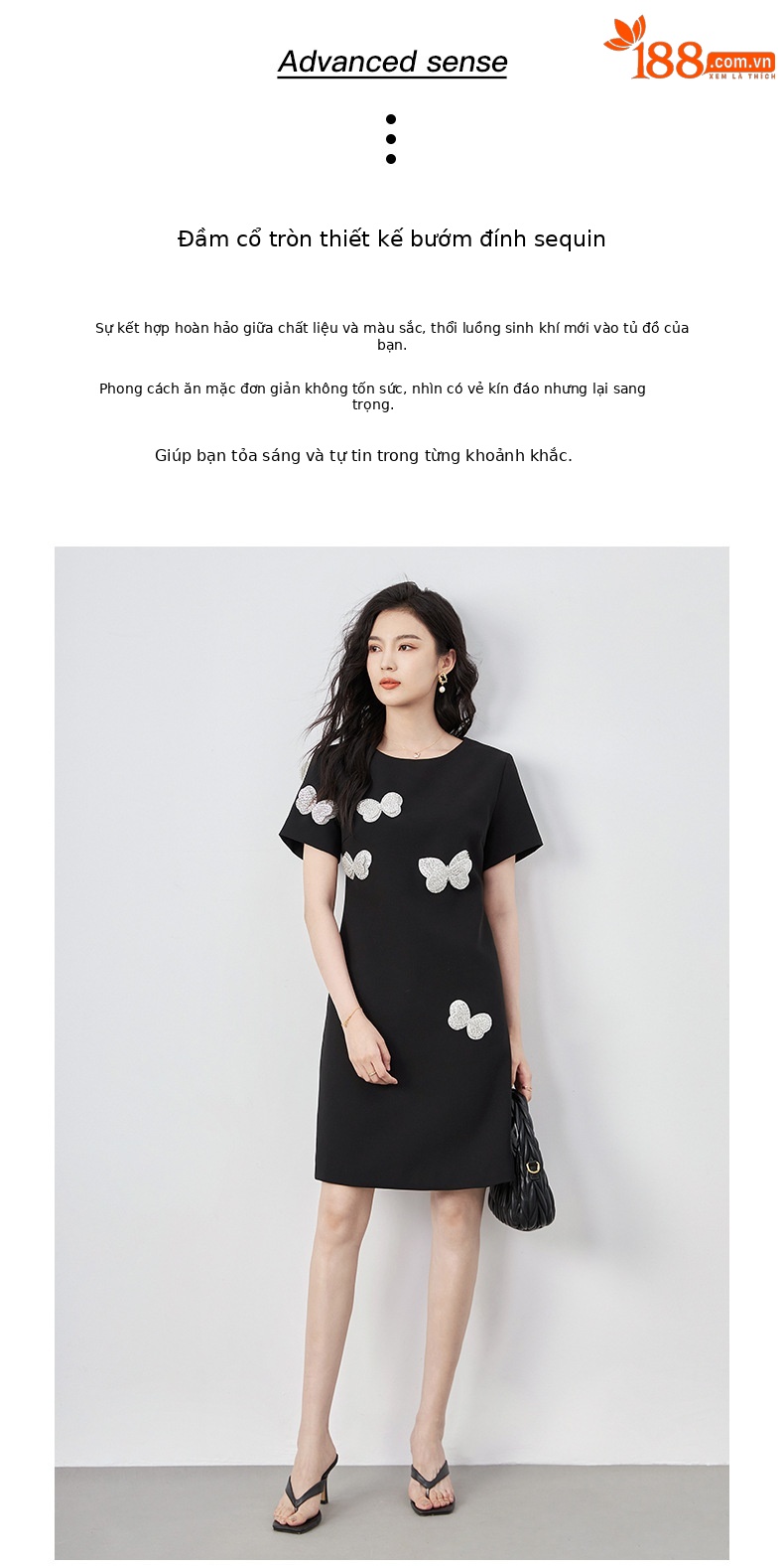 Đầm suông nữ midi tay ngắn cổ tròn, họa tiết hoa nổi sequin lấp lánh, phom suông che khuyết điểm — Màu đen chi tiết 2