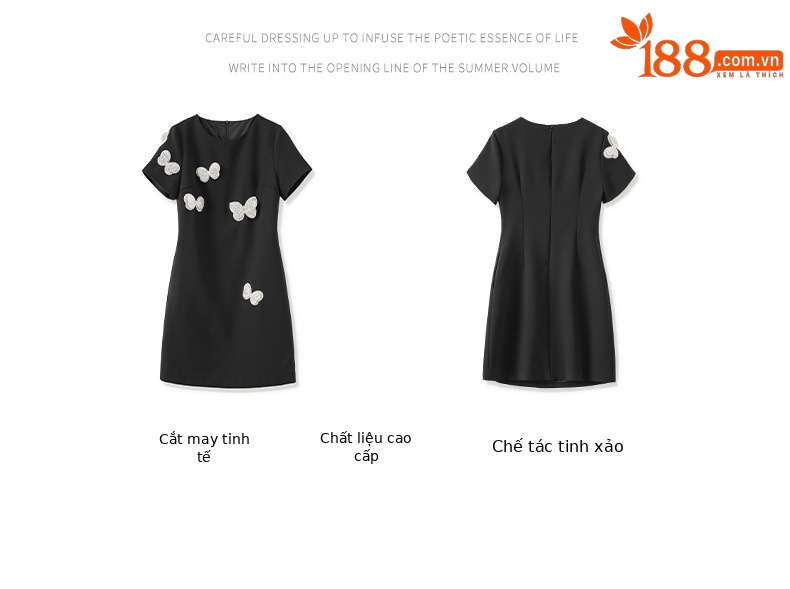 Đầm suông nữ midi tay ngắn cổ tròn, họa tiết hoa nổi sequin lấp lánh, phom suông che khuyết điểm — Màu đen chi tiết 3