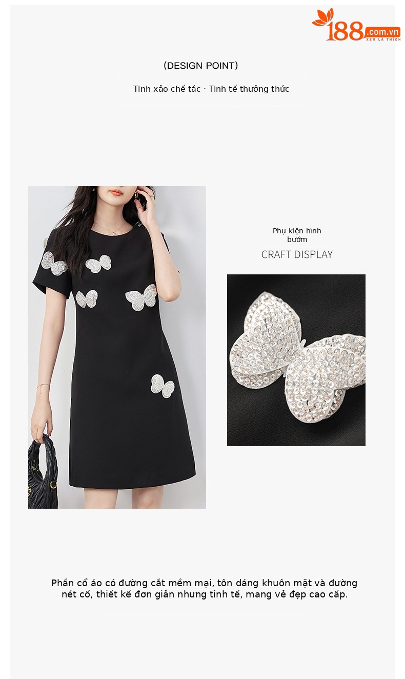 Đầm suông nữ midi tay ngắn cổ tròn, họa tiết hoa nổi sequin lấp lánh, phom suông che khuyết điểm — Màu đen chi tiết 4