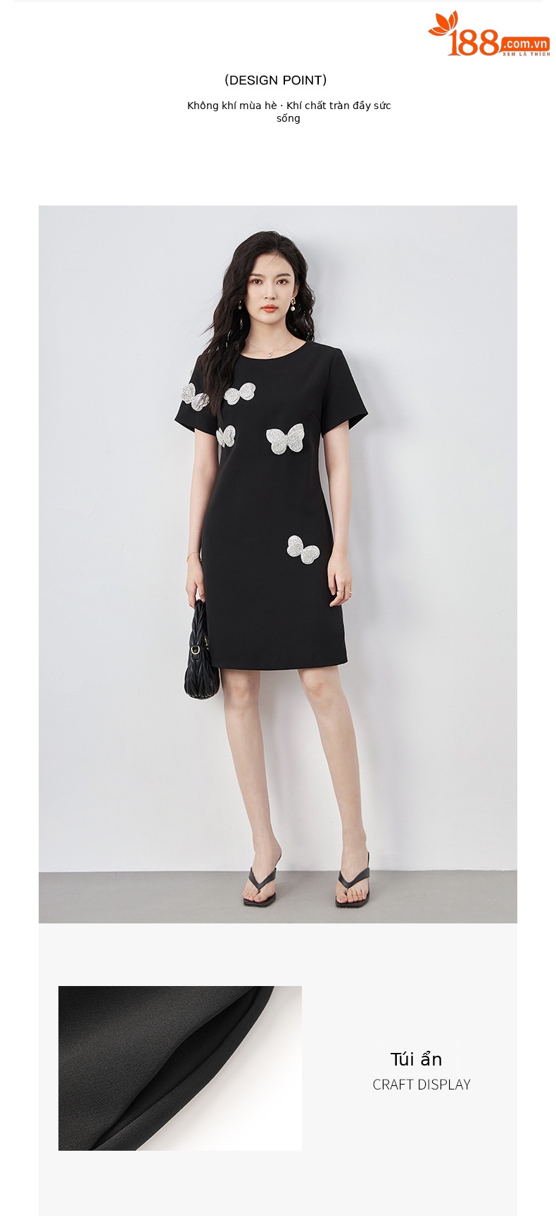 Đầm suông nữ midi tay ngắn cổ tròn, họa tiết hoa nổi sequin lấp lánh, phom suông che khuyết điểm — Màu đen chi tiết 5