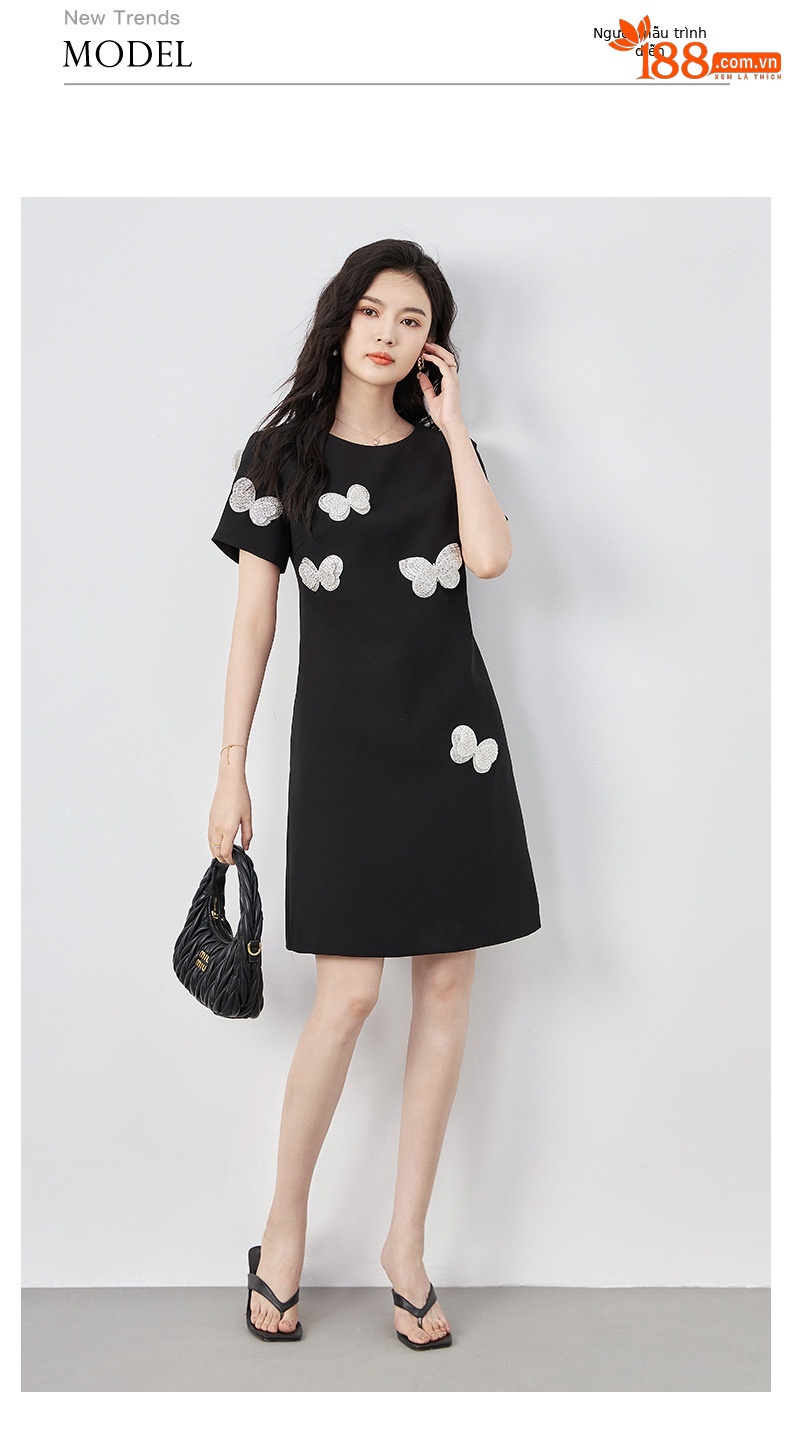 Đầm suông nữ midi tay ngắn cổ tròn, họa tiết hoa nổi sequin lấp lánh, phom suông che khuyết điểm — Màu đen chi tiết 7