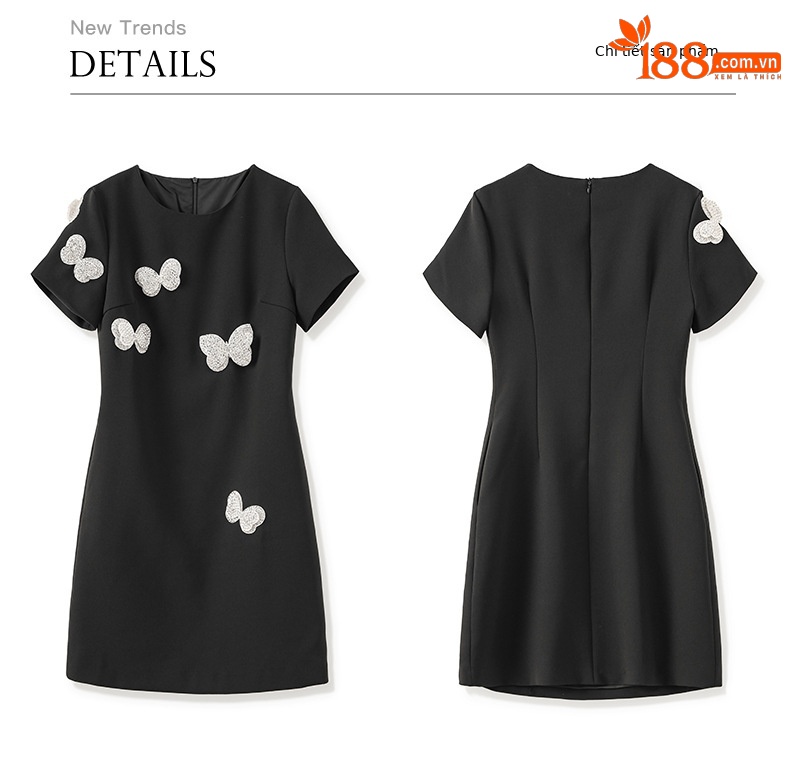 Đầm suông nữ midi tay ngắn cổ tròn, họa tiết hoa nổi sequin lấp lánh, phom suông che khuyết điểm — Màu đen chi tiết 22