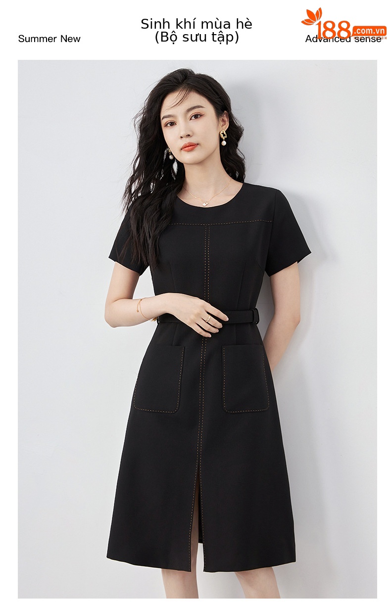 Đầm suông nữ midi che khuyết điểm eo, phong cách đi làm — Màu đen chi tiết 1