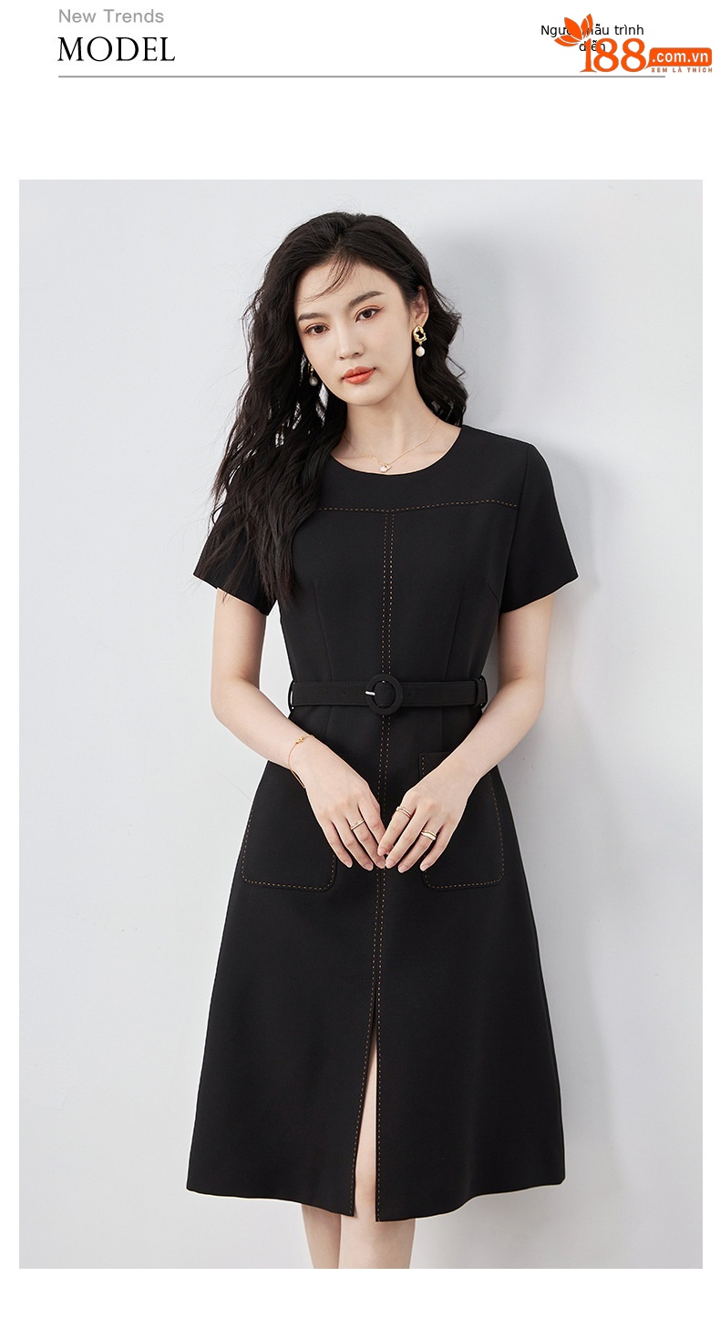 Đầm suông nữ midi che khuyết điểm eo, phong cách đi làm — Màu đen chi tiết 6
