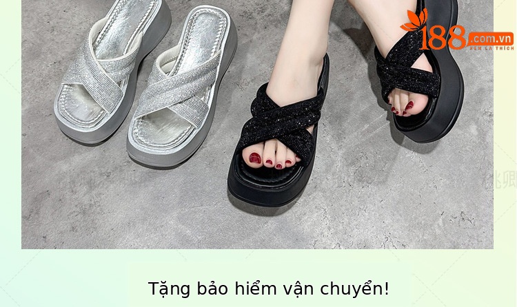 Dép sandal nữ đế xuồng quai chữ V đính đá bạc — Màu đen chi tiết 2