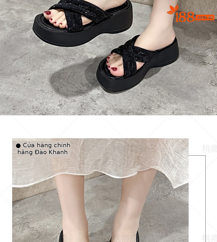 Dép sandal nữ đế xuồng quai chữ V đính đá bạc — Màu đen chi tiết 12