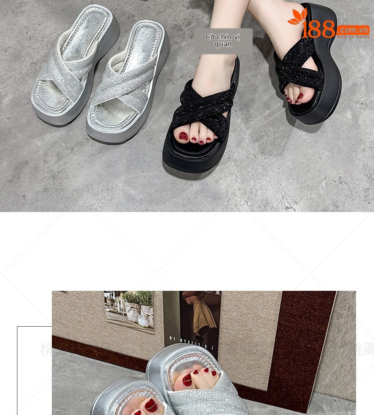 Dép sandal nữ đế xuồng quai chữ V đính đá bạc — Màu đen chi tiết 14