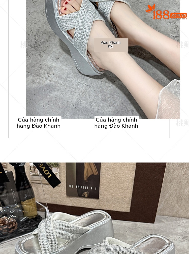Dép sandal nữ đế xuồng quai chữ V đính đá bạc — Màu đen chi tiết 15