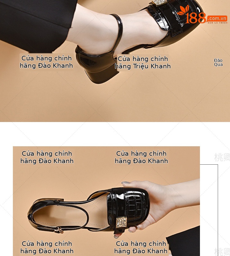 Sandal nữ quai ngang mũi kín da bóng gót thấp đế mềm — Màu đen chi tiết 12