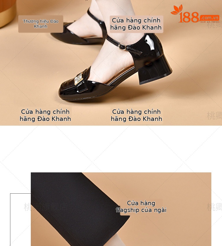 Sandal nữ quai ngang mũi kín da bóng gót thấp đế mềm — Màu đen chi tiết 14