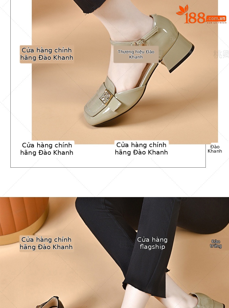 Sandal nữ quai ngang mũi kín da bóng gót thấp đế mềm — Màu đen chi tiết 15