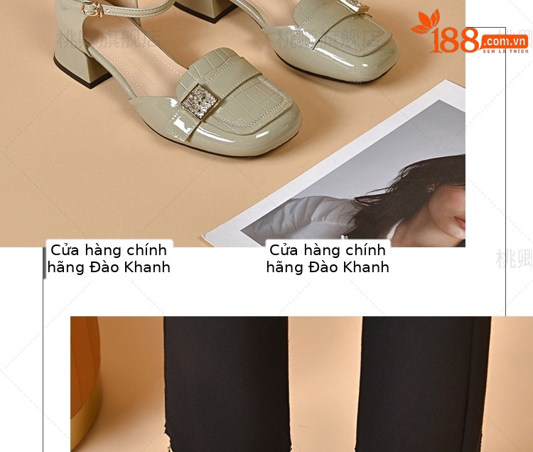Sandal nữ quai ngang mũi kín da bóng gót thấp đế mềm — Màu đen chi tiết 17