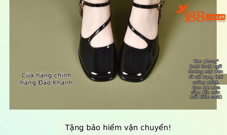 Dép sandal nữ mũi vuông gót vuông da bóng đế mềm gót trung bình — Màu đen chi tiết 2