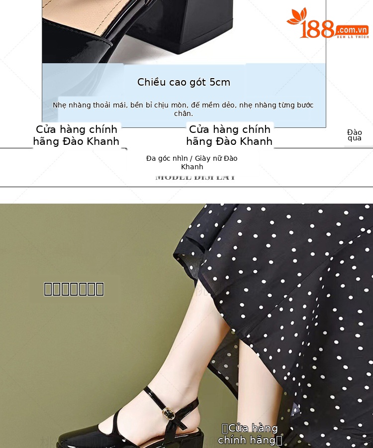 Dép sandal nữ mũi vuông gót vuông da bóng đế mềm gót trung bình — Màu đen chi tiết 7