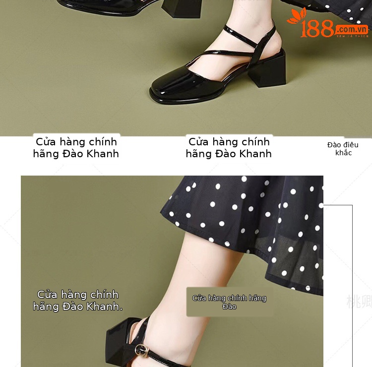 Dép sandal nữ mũi vuông gót vuông da bóng đế mềm gót trung bình — Màu đen chi tiết 8