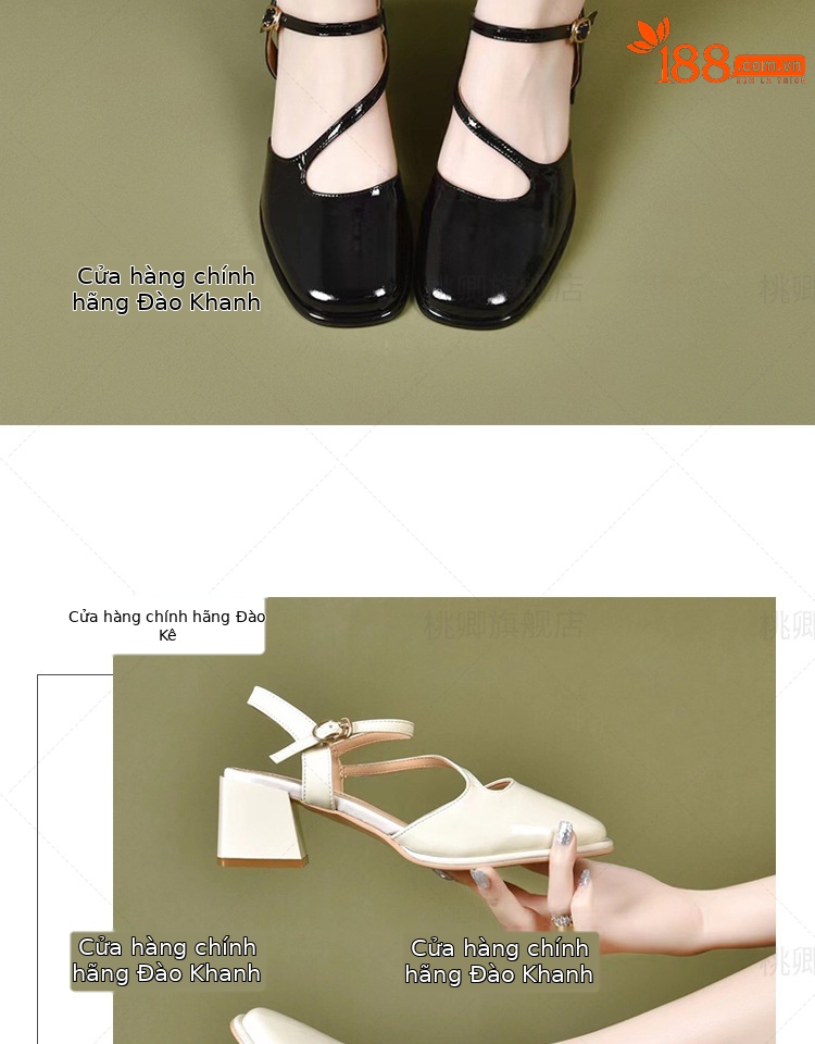 Dép sandal nữ mũi vuông gót vuông da bóng đế mềm gót trung bình — Màu đen chi tiết 10