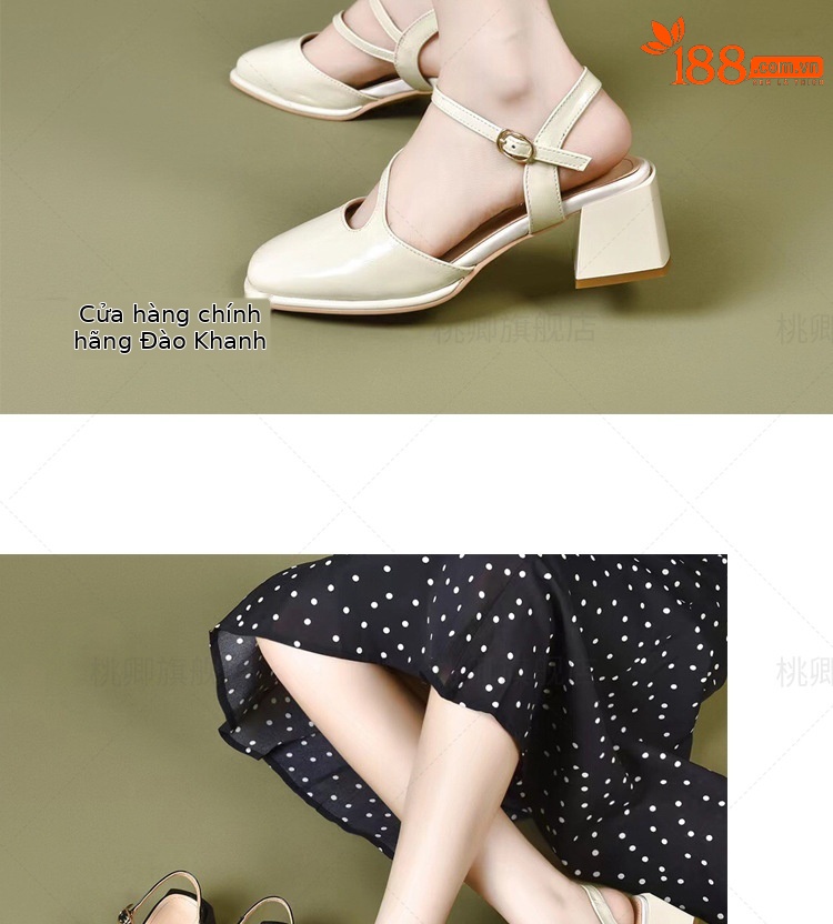 Dép sandal nữ mũi vuông gót vuông da bóng đế mềm gót trung bình — Màu đen chi tiết 12