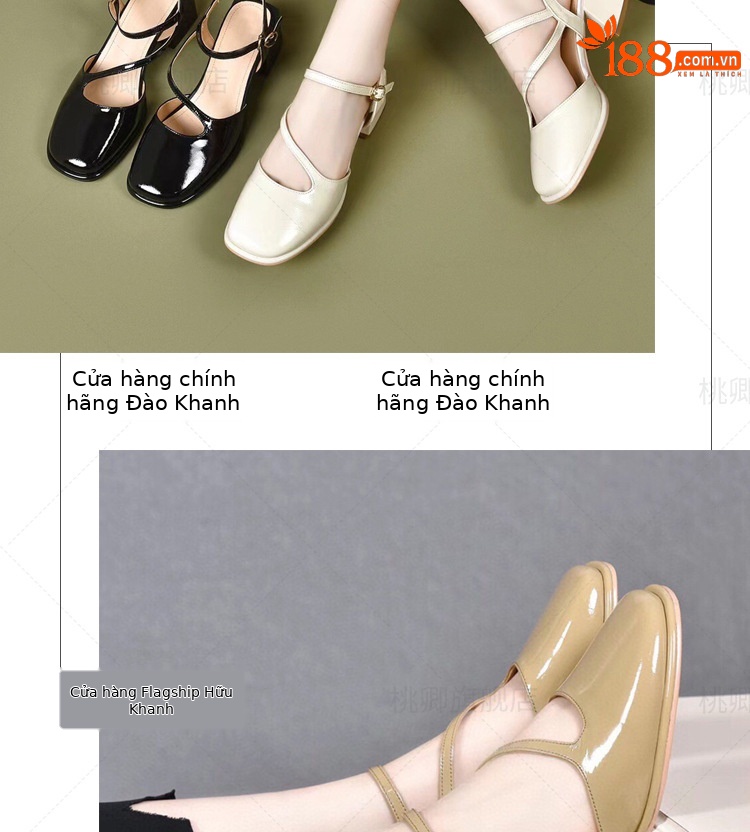 Dép sandal nữ mũi vuông gót vuông da bóng đế mềm gót trung bình — Màu đen chi tiết 13