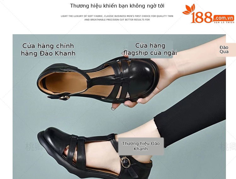 Sandal nữ da thật mũi kín đế dày gót thấp kiểu La Mã — Màu đen chi tiết 5