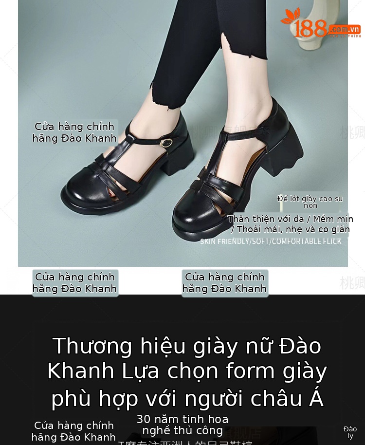 Sandal nữ da thật mũi kín đế dày gót thấp kiểu La Mã — Màu đen chi tiết 7