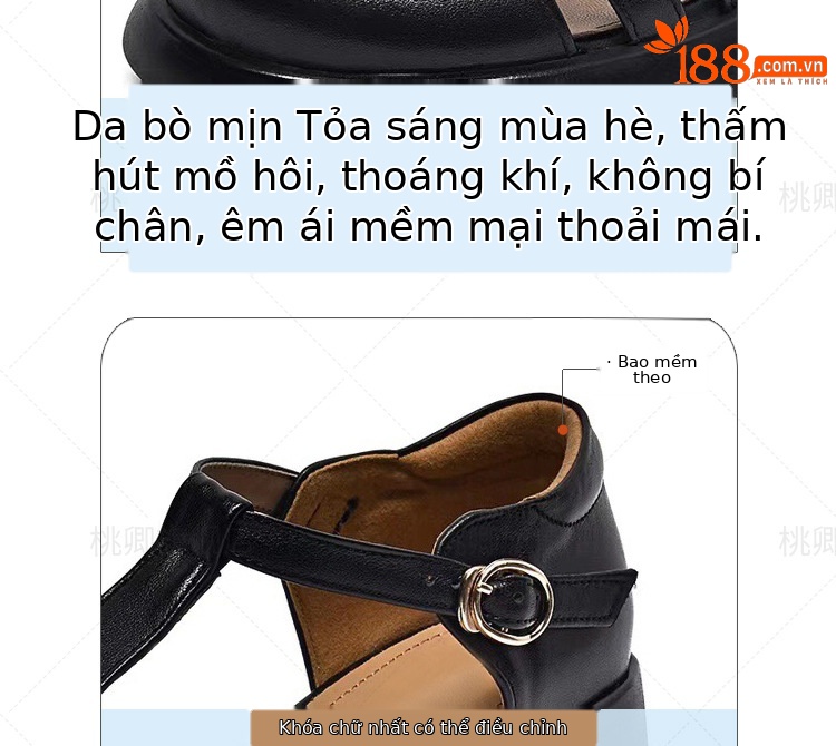 Sandal nữ da thật mũi kín đế dày gót thấp kiểu La Mã — Màu đen chi tiết 9