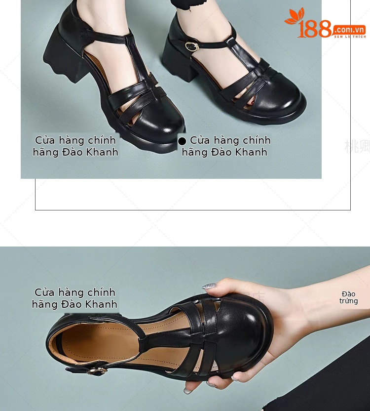 Sandal nữ da thật mũi kín đế dày gót thấp kiểu La Mã — Màu đen chi tiết 13
